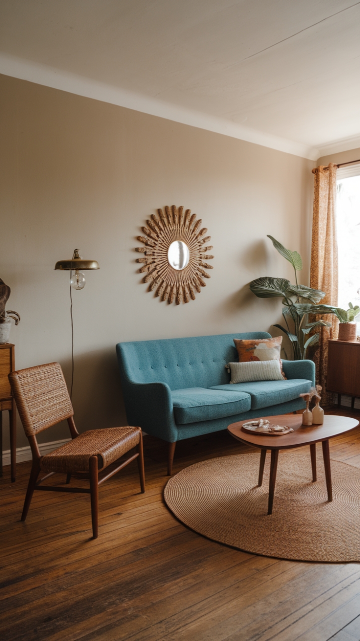 Cozy Mid-Century Boho Living Room with Warm Neutrals and Rich Textures