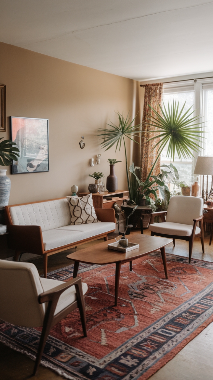 Charming Mid-Century Boho Living Room with Vintage Elegance