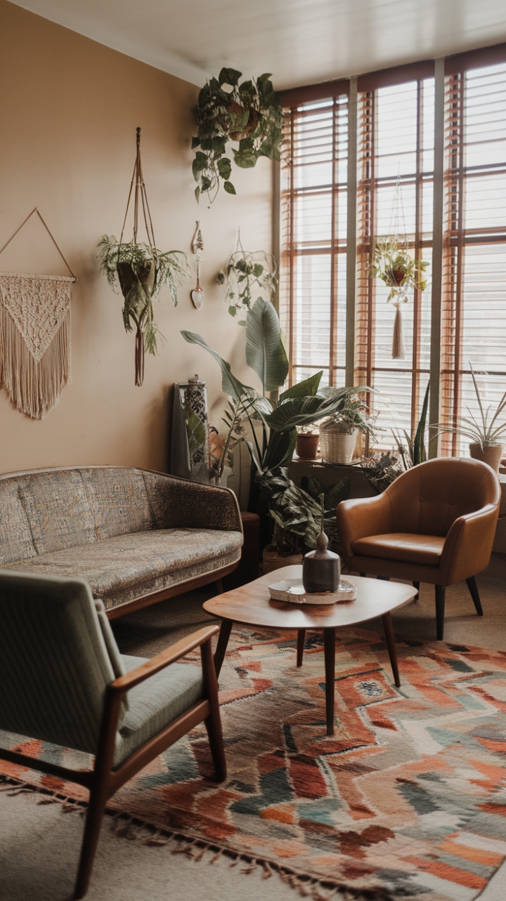Vibrant Mid-Century Boho Living Room with Eclectic Charm
