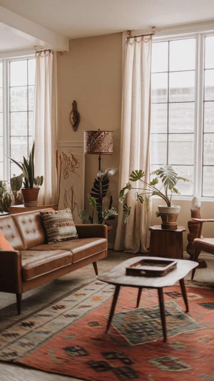 Cozy Mid-Century Boho Living Room with Eclectic Charm