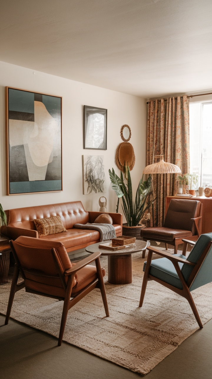 Eclectic Mid-Century Boho Living Room with Warm Wood Tones