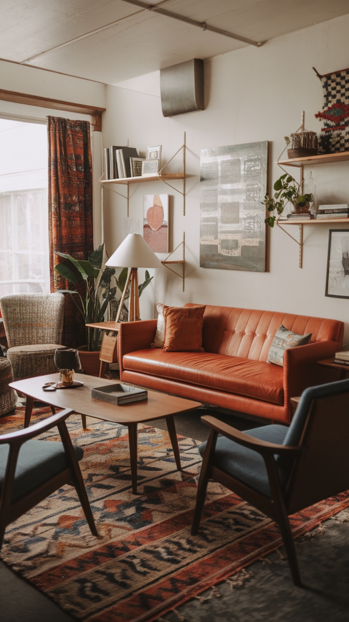 Eclectic Mid-Century Boho Living Room with Vibrant Orange Sofa