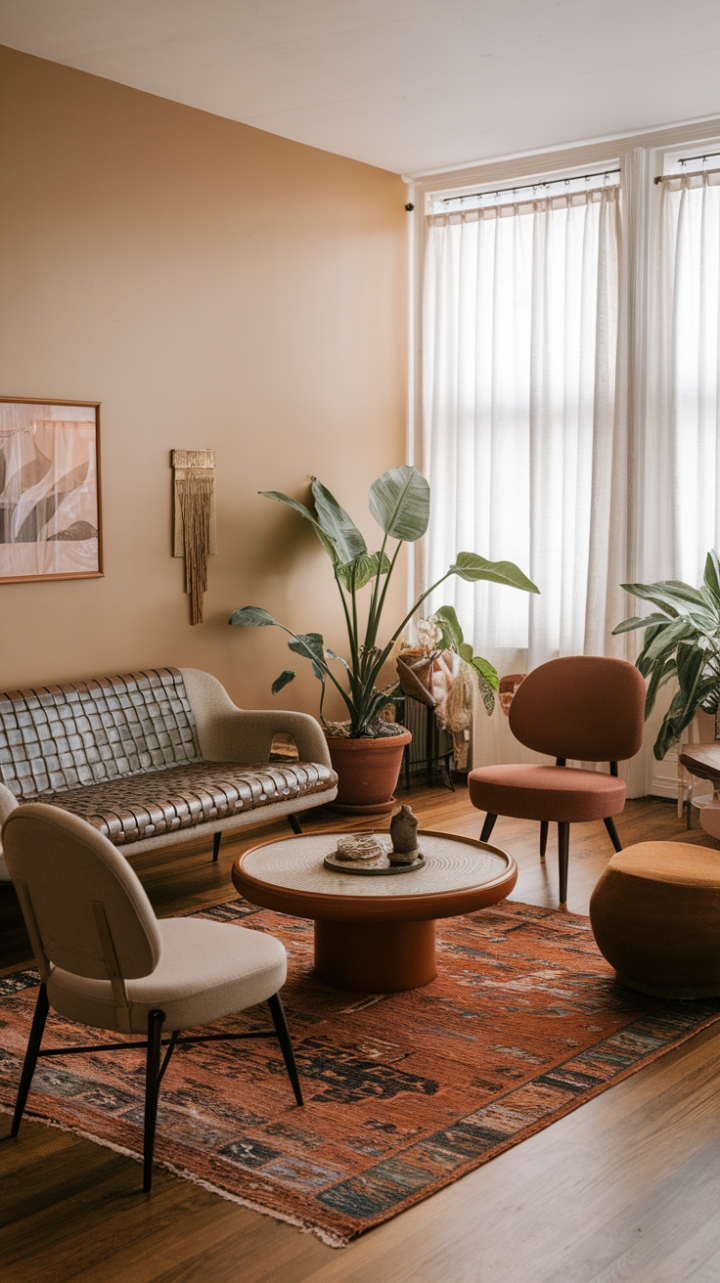 Eclectic Mid-Century Boho Living Room with Warm Layers