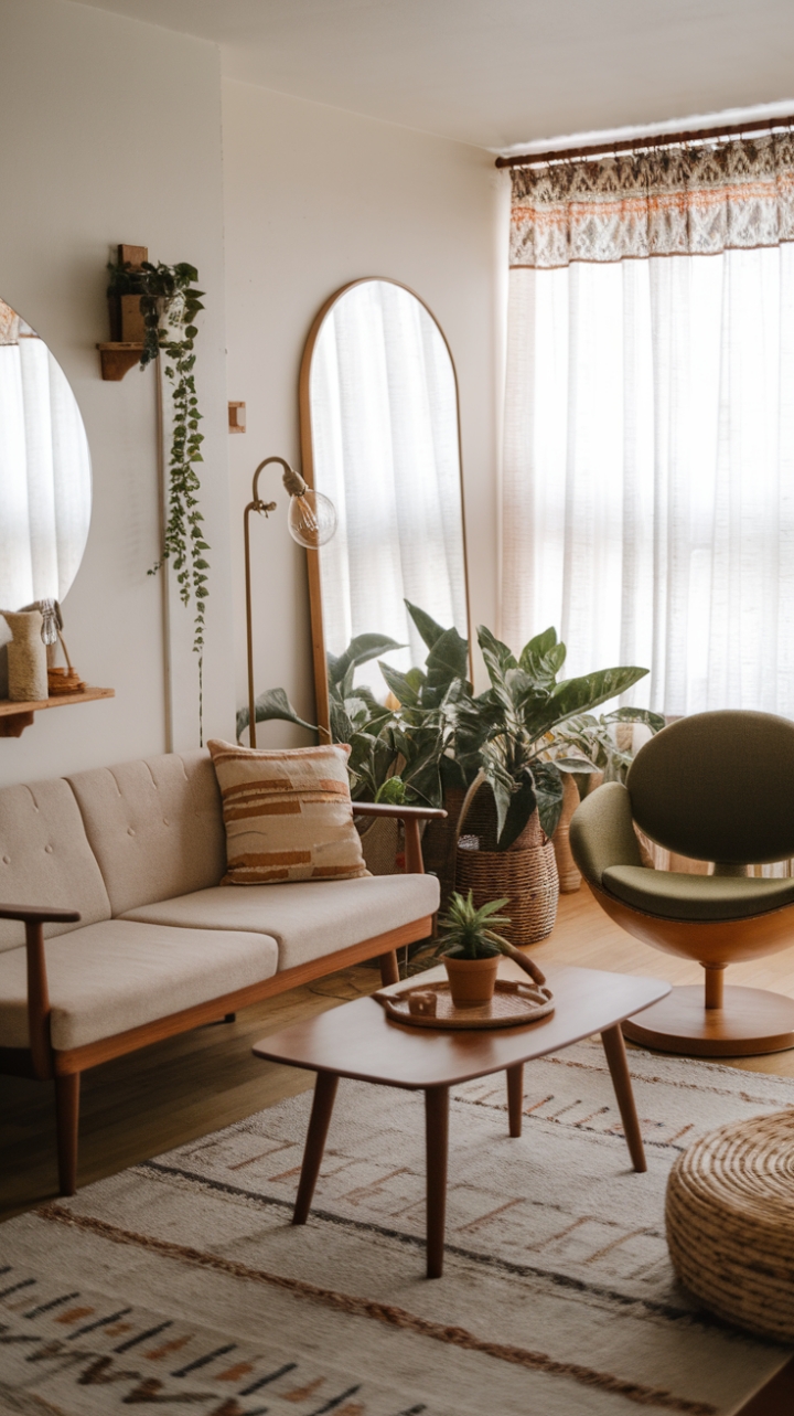 Warmth and Charm: A Cozy Mid-Century Boho Living Room