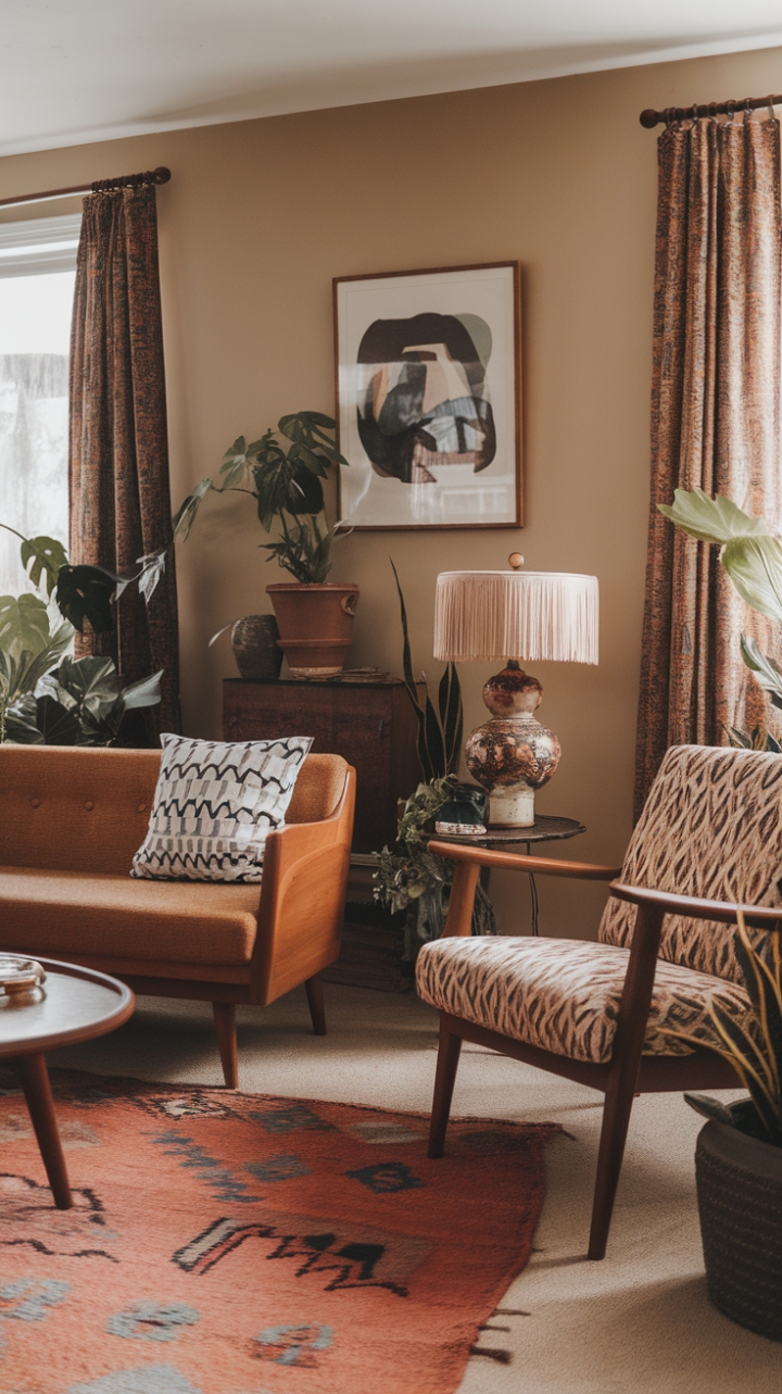Eclectic Mid-Century Boho Living Room with Vibrant Textiles
