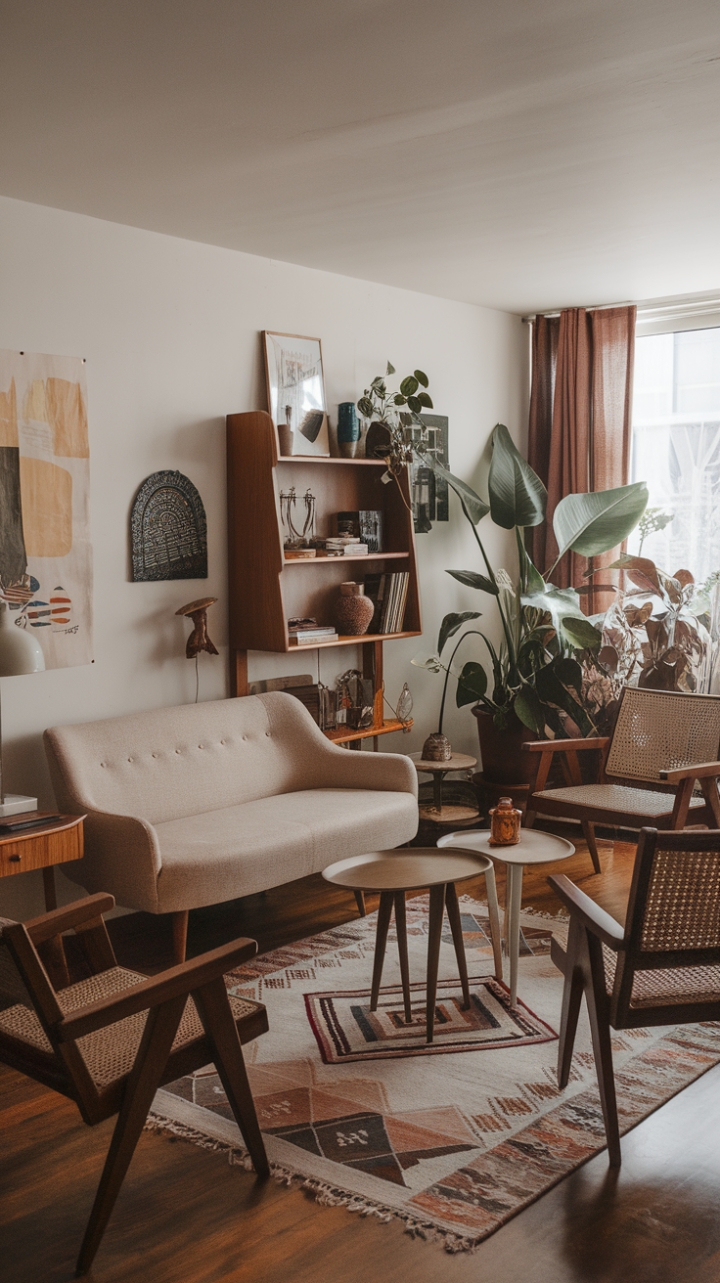 Elegant Mid-Century Boho Living Room with Warm Tones and Vintage Charm