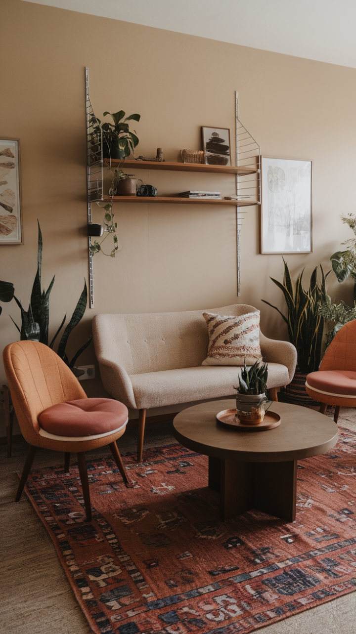 Warm and Eclectic Mid-Century Boho Living Room