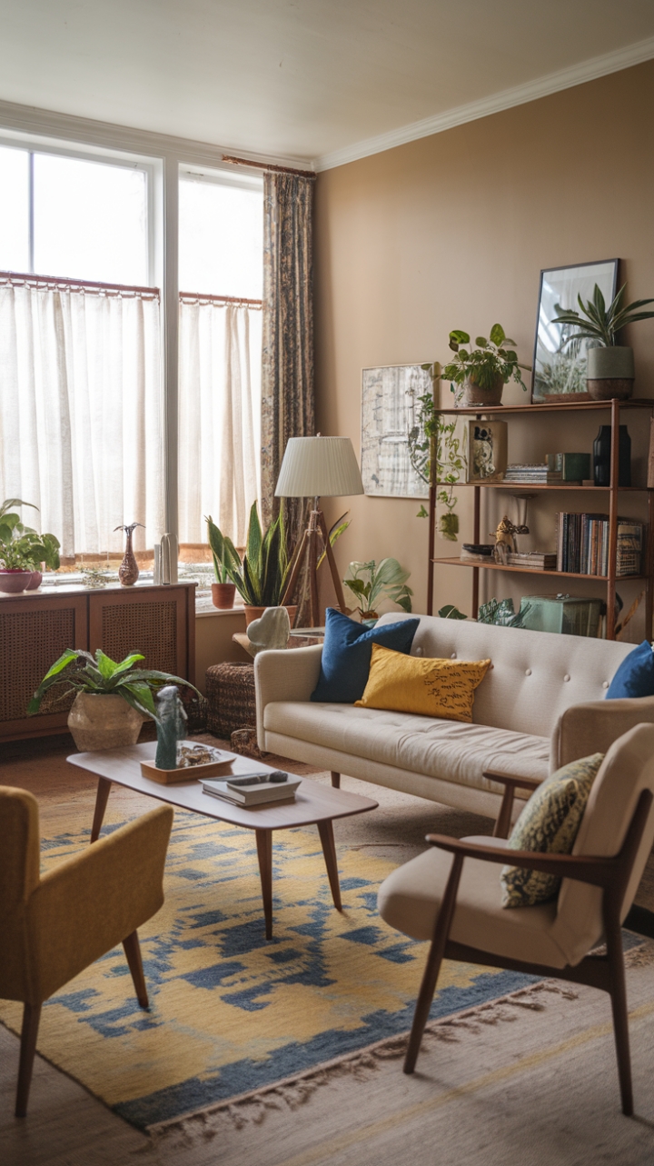 Vibrant Mid-Century Boho Living Room with Eclectic Charm