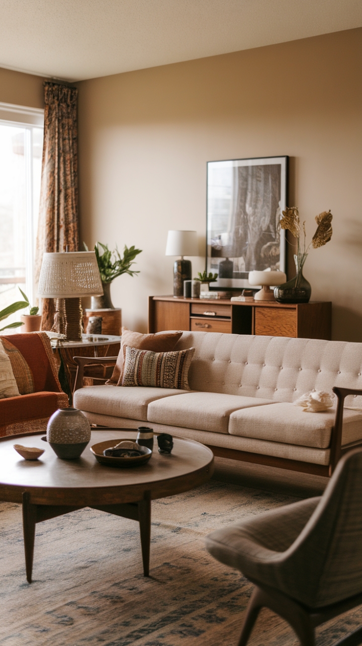 Charming Mid-Century Boho Living Room with Eclectic Charm