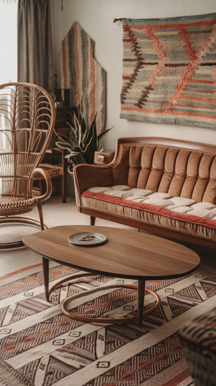 Cozy Mid-Century Boho Living Room with Vintage Charm