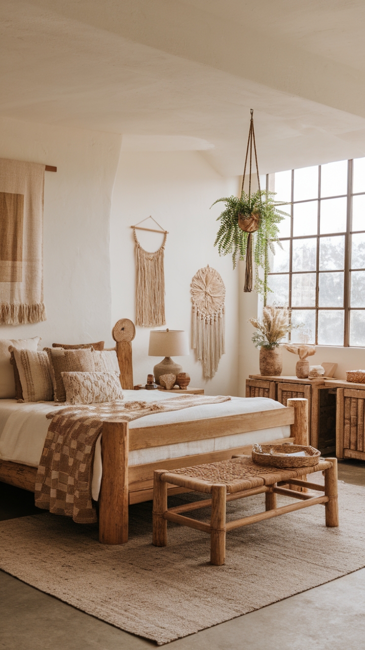 Serene Bohemian Retreat: Embrace Earthy Elegance in Your Rustic Bedroom