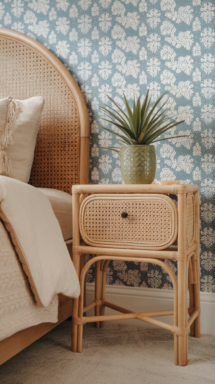 Bohemian Bliss: Cozy Bedroom Retreat with Rattan Touches and Floral Charm