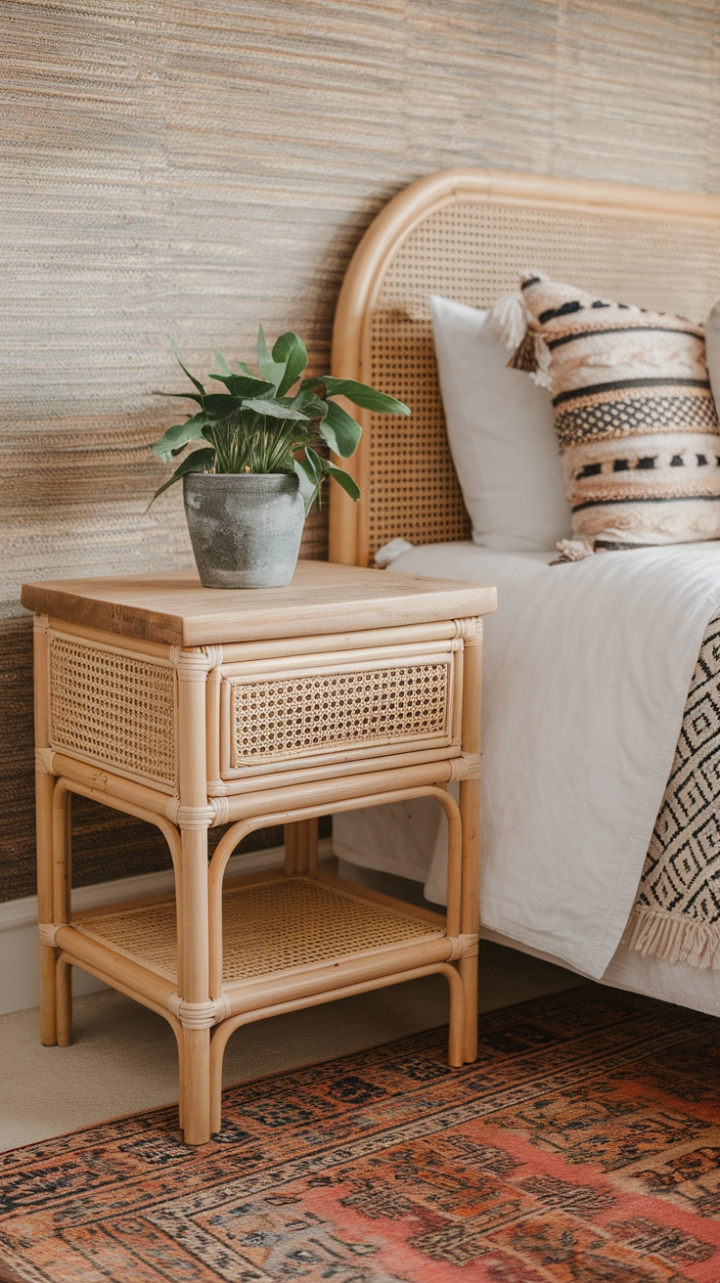 Boho Elegance: Rattan Nightstand and Eclectic Bedroom Retreat