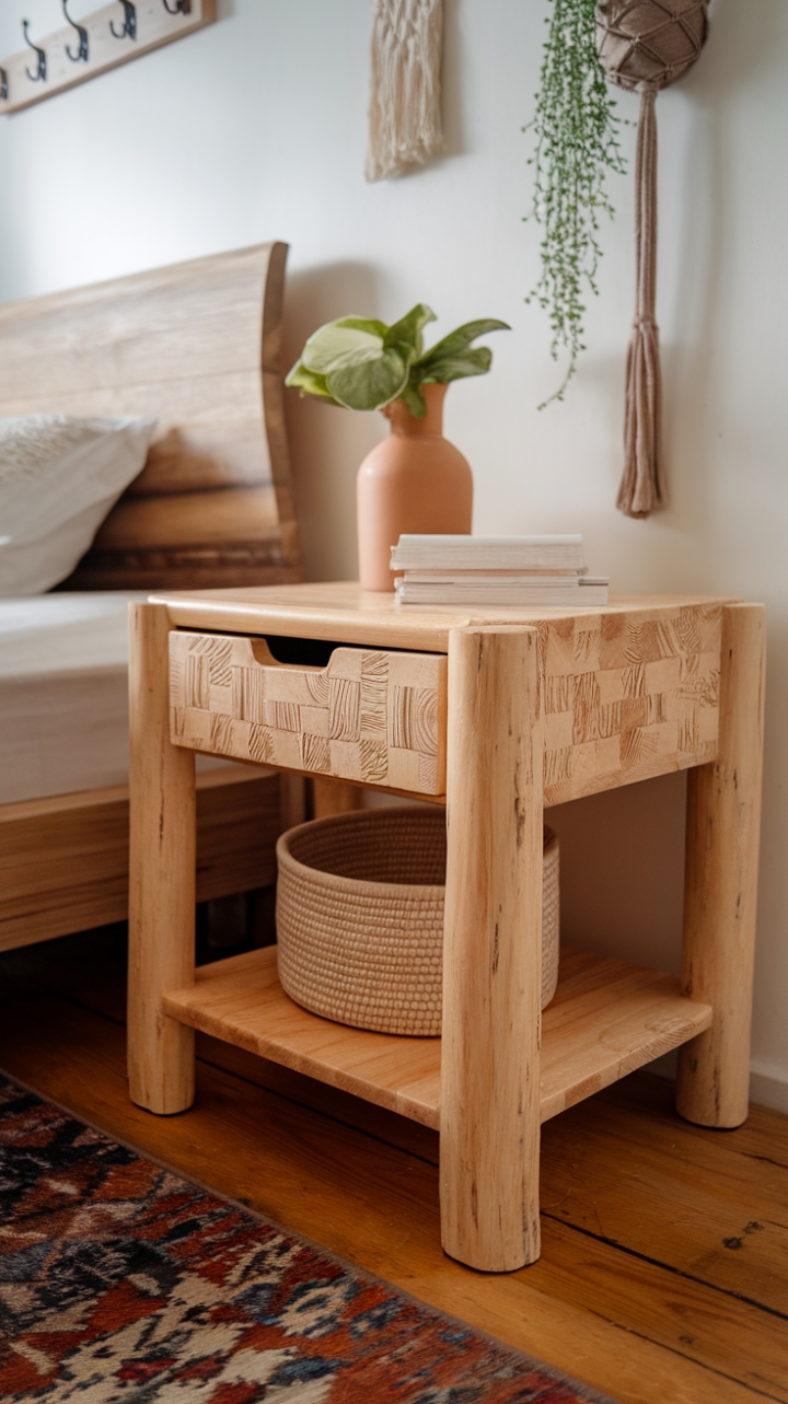 Bohemian Bedroom Charm: Natural Wood Nightstand with Rattan Touch