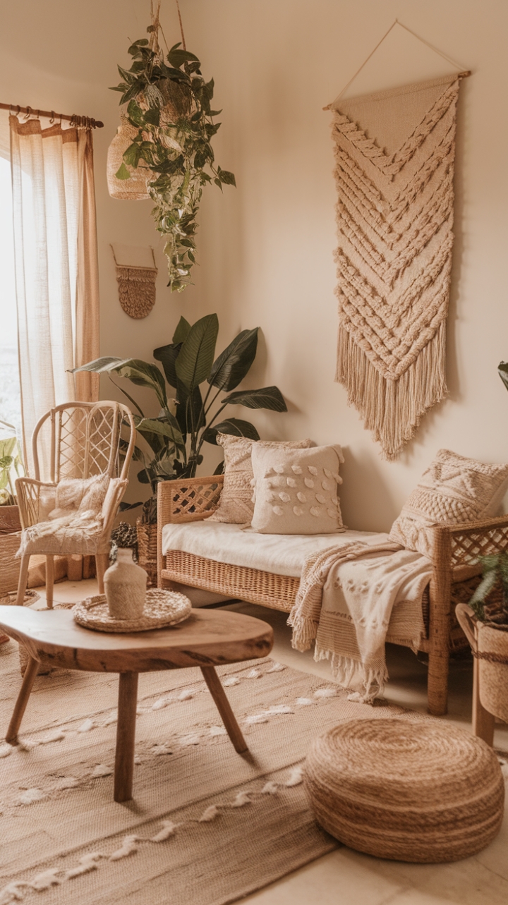 Cozy Bohemian Living Room: A Haven of Earthy Textures and Natural Beauty