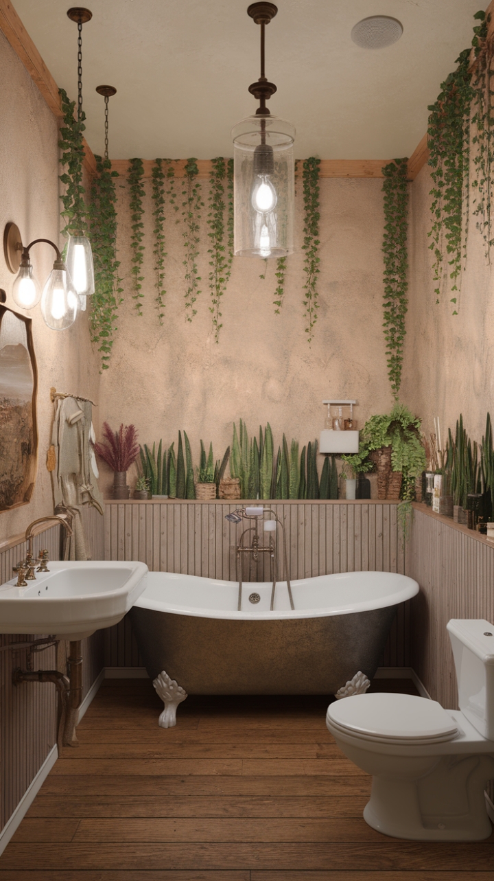 Create Your Own Vintage Oasis with Cascading Plants and a Cozy Freestanding Tub