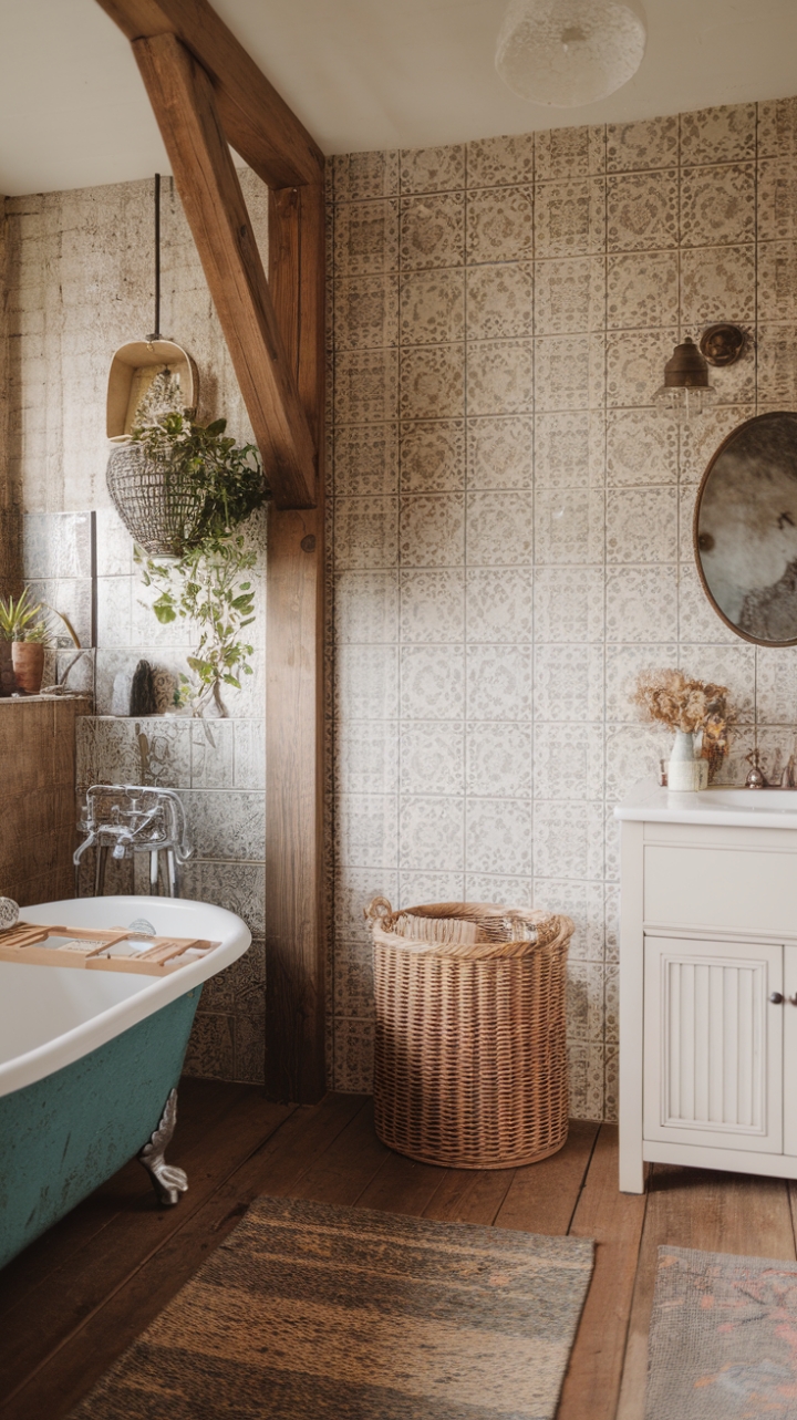 Charming Bohemian Farmhouse Bathroom with Vintage and Earthy Elegance
