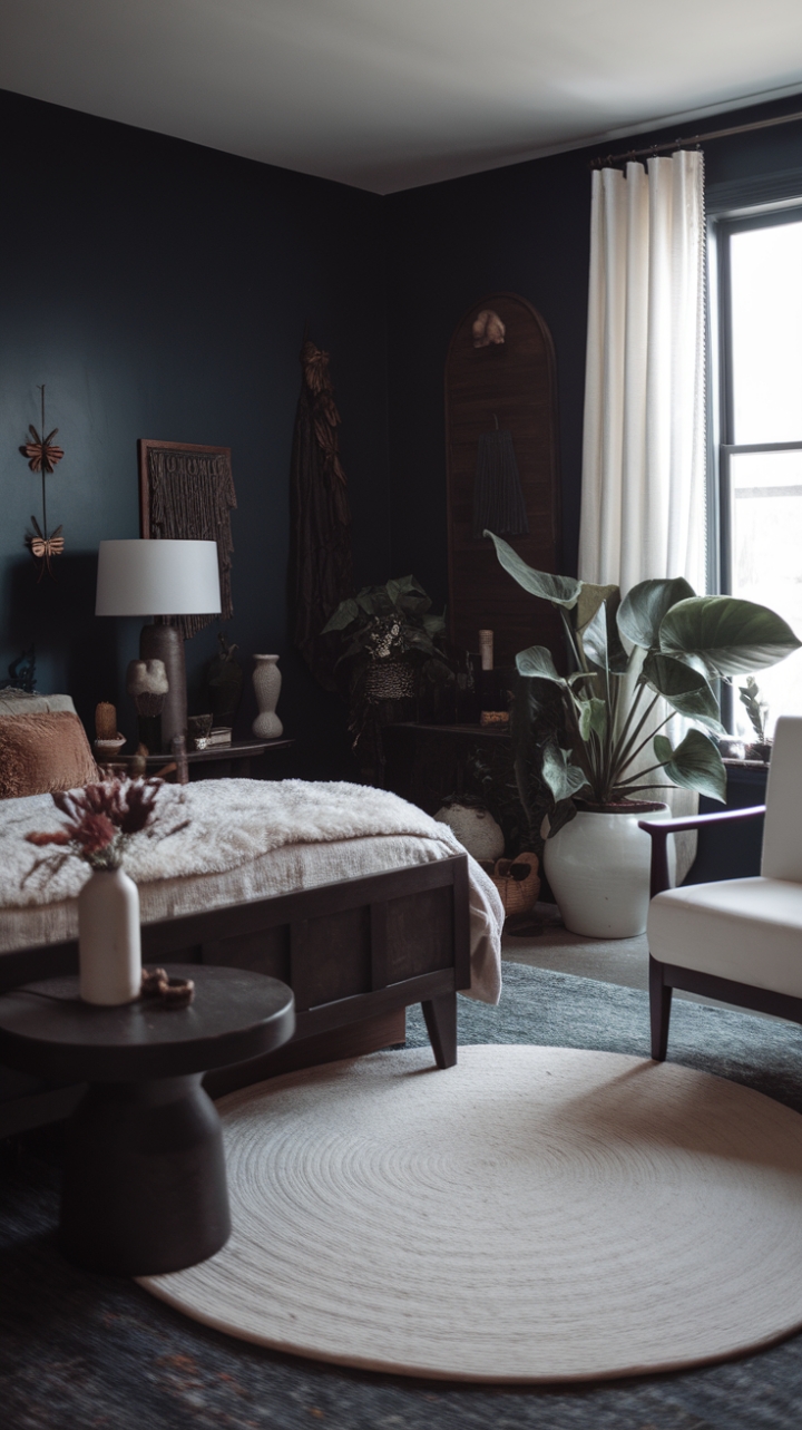 Dark and Dreamy Boho Bedroom: A Cozy Retreat with Rich Hues and Lush Greenery