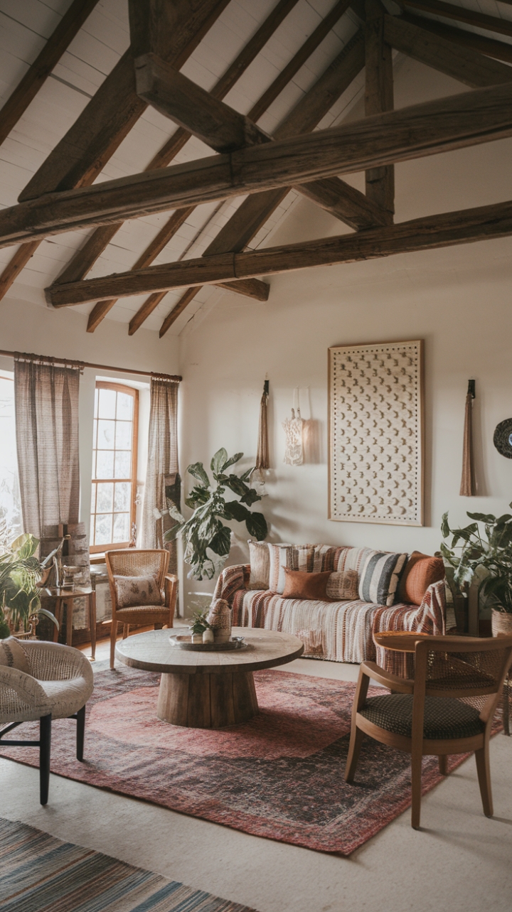 Charming Farmhouse Living Room with High Ceilings and Cozy Details