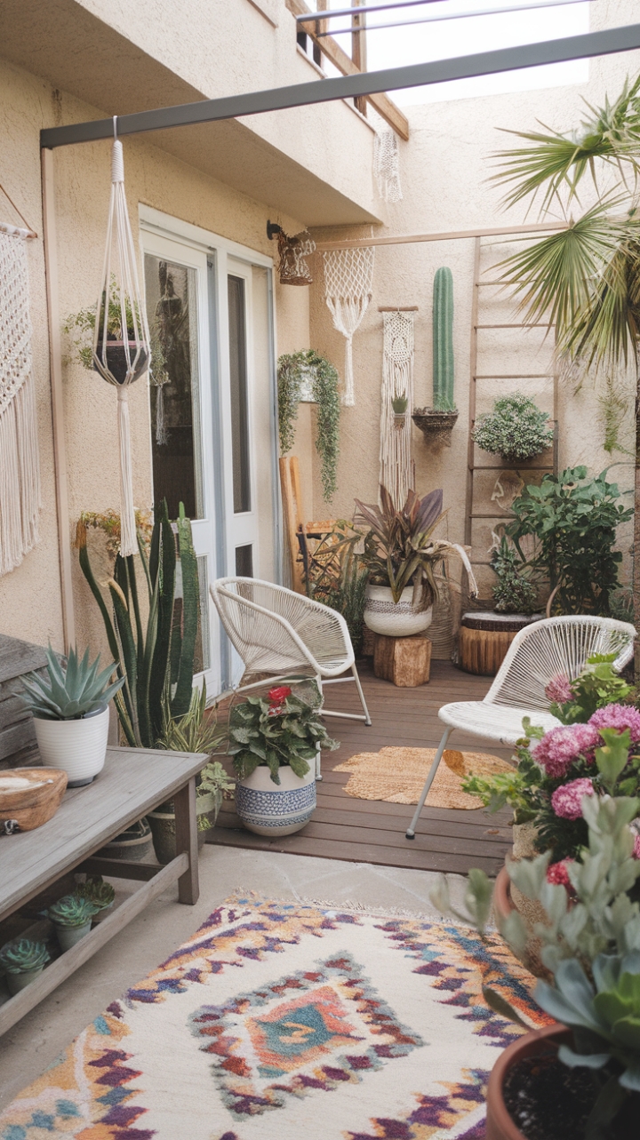 Bohemian Outdoor Oasis: Lush Greenery and Sun-Drenched Charm