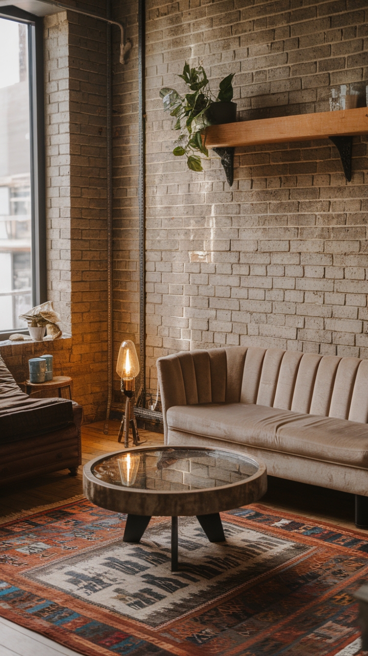 Urban Oasis: Cozy Boho Retreat with Velvet, Brick, and Vintage Charm