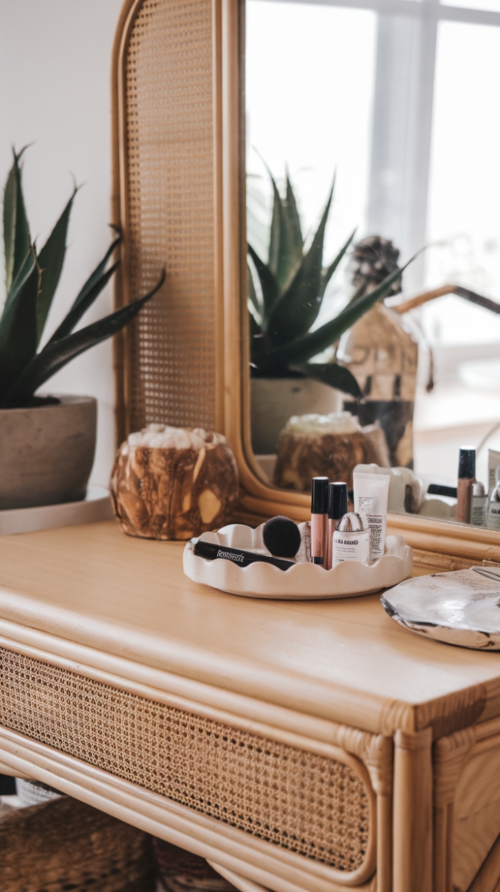 Boho Chic Beauty Sanctuary: Rattan and Natural Wood Dressing Table