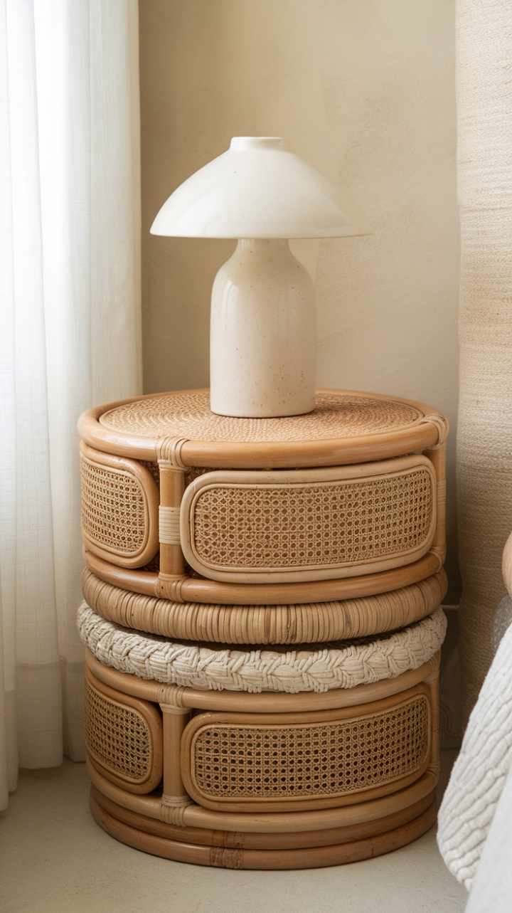 Laid-Back Luxe: Bohemian Rattan Bedside Table with Natural Warmth