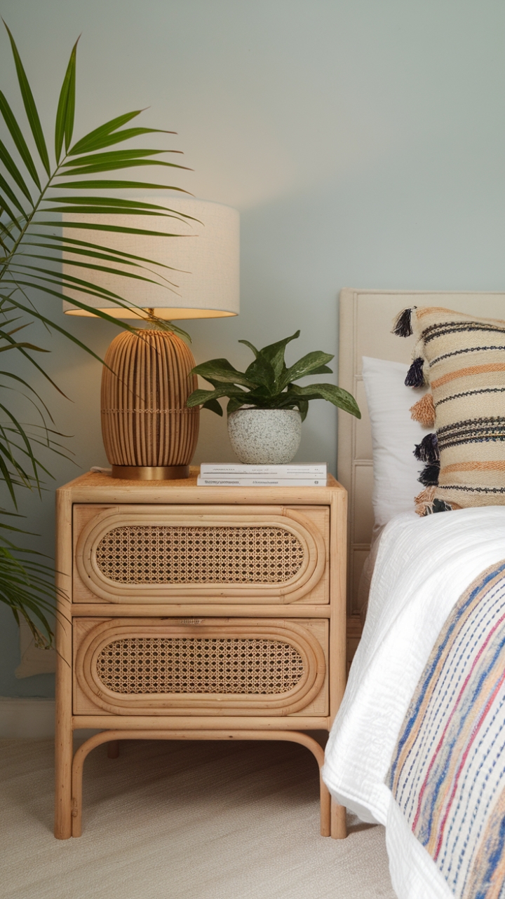 Serene Blue Bohemian Bedroom with Textured Rattan Nightstand