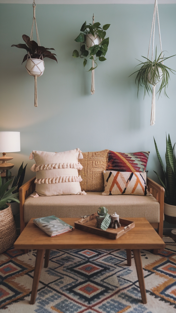 Boho Cozy Retreat with Patterned Pillows and Tranquil Accents