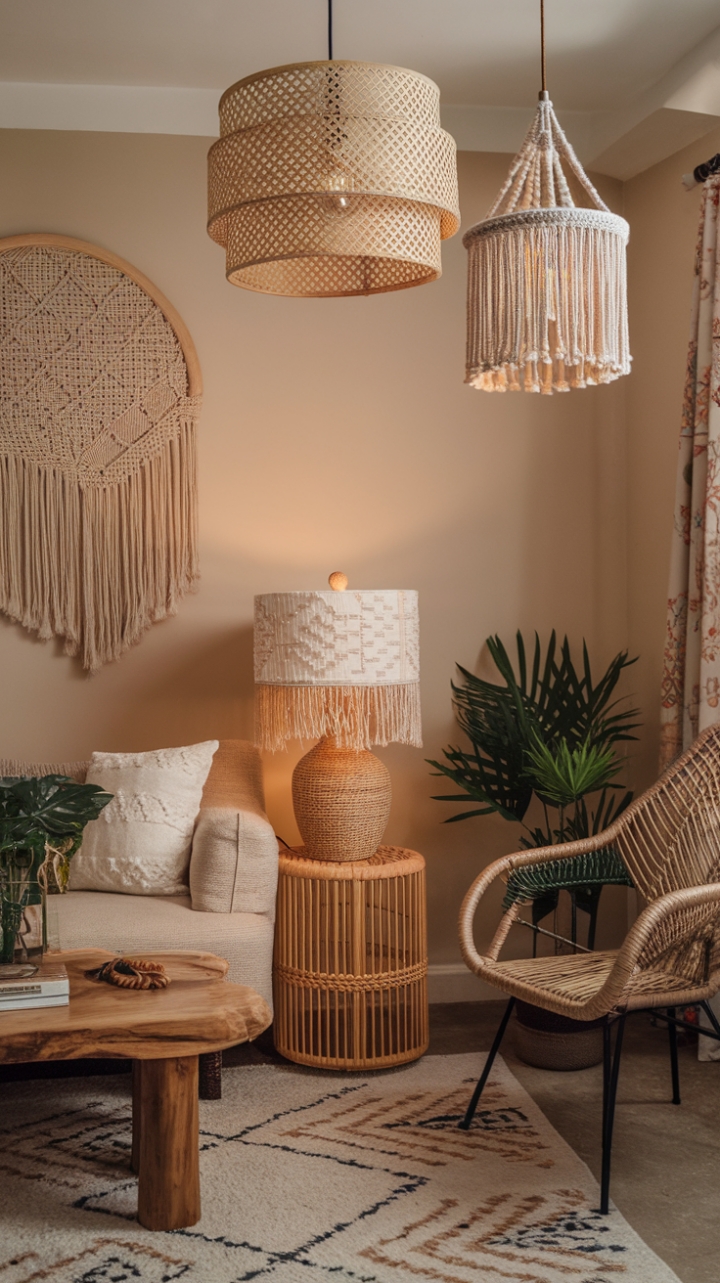 Boho Dreamscape: A Cozy Oasis of Rattan, Macrame, and Light