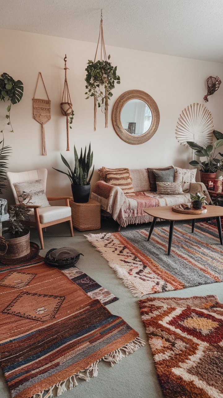 Mastering Bohemian Bliss: Layered Rugs and Lush Green Walls