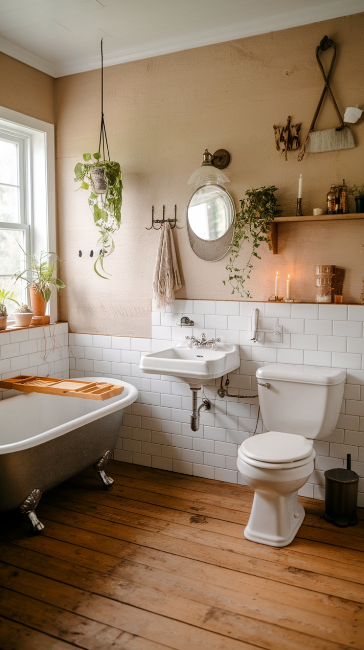 Boho-Chic Bathroom Retreat with Vintage Charm and Farmhouse Flair