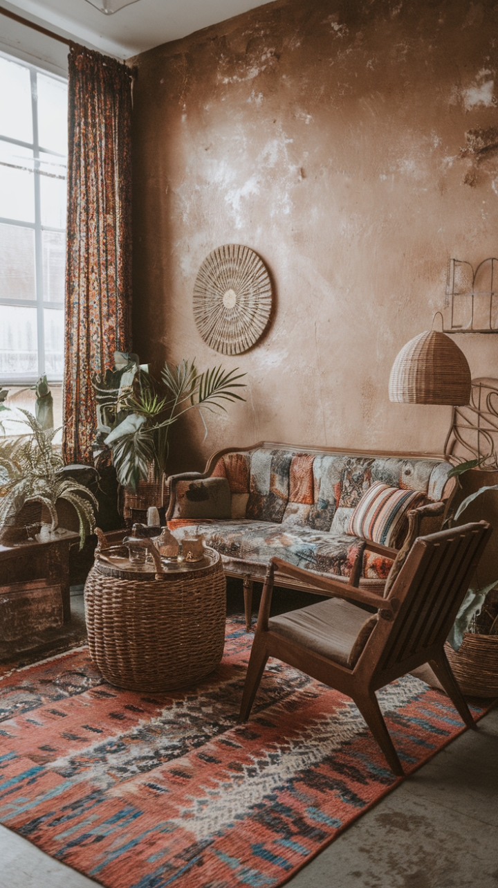 Charming Retro Boho Living Space with Vintage Flair and Vibrant Style