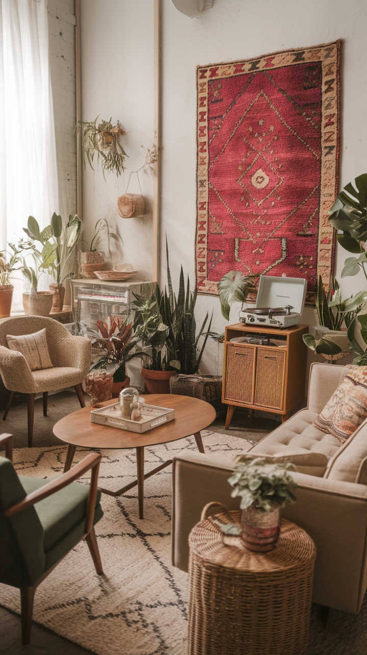 Charming Vintage Bohemian Lounge with Thrifted Treasures and Lush Plants