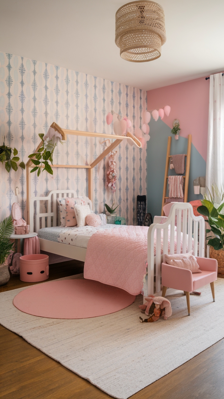 Whimsical Bohemian Retreat: A Pink and Blue Sanctuary for Relaxation