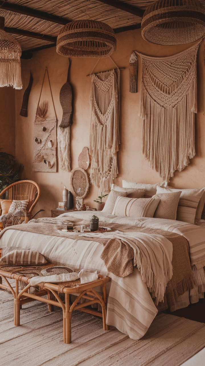 Bohemian Bedroom Bliss: Cozy Layers and Rattan Charm