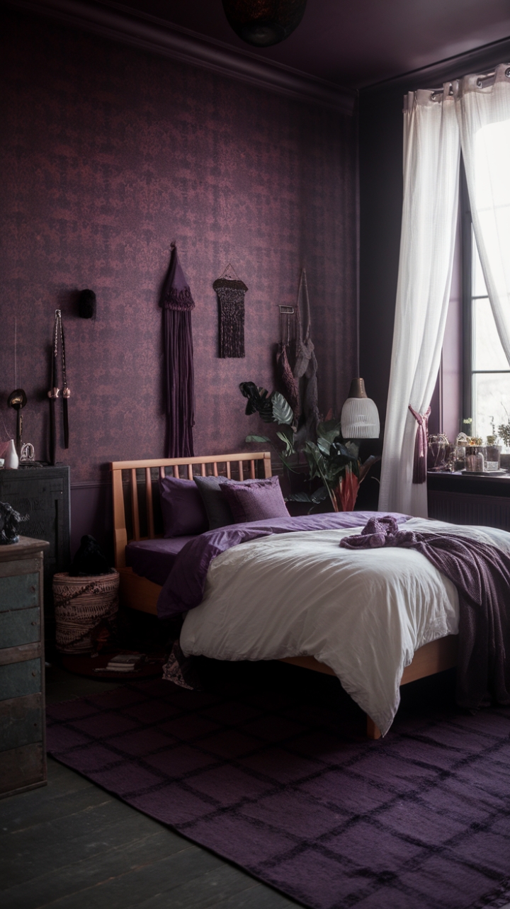Dark Romance: A Bohemian Bedroom with Rich Purple Elegance