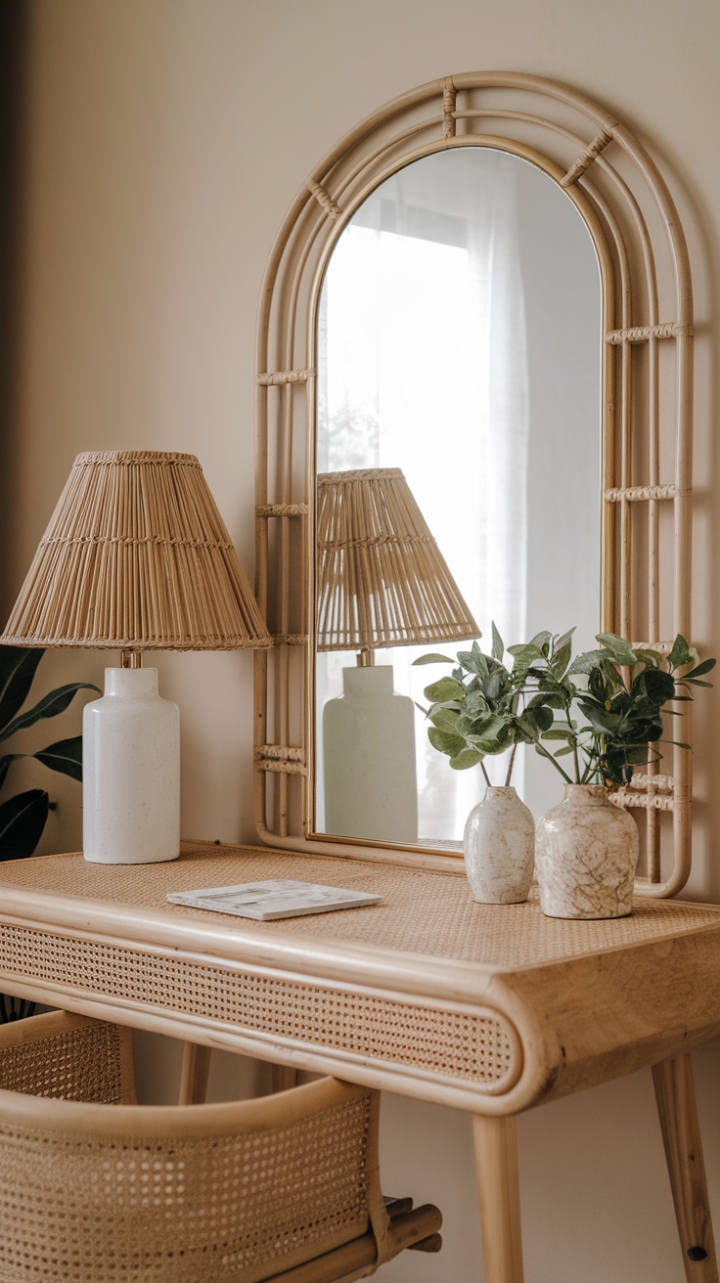 Chic Rattan Vanity with Golden Mirror for a Glamorous Glow Up