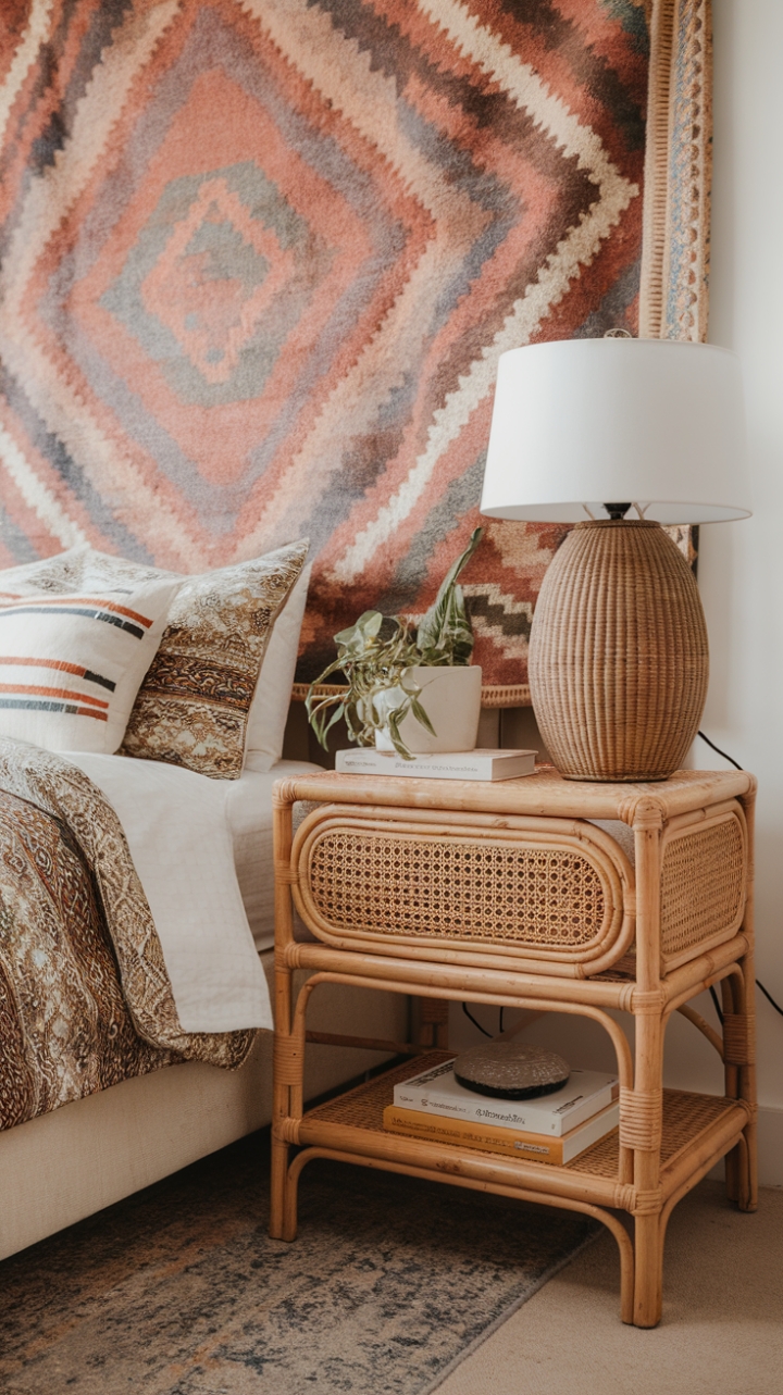 Bohemian Bedroom Bliss: Patterned Duvets, Rattan Accents, and Tapestry Backdrops