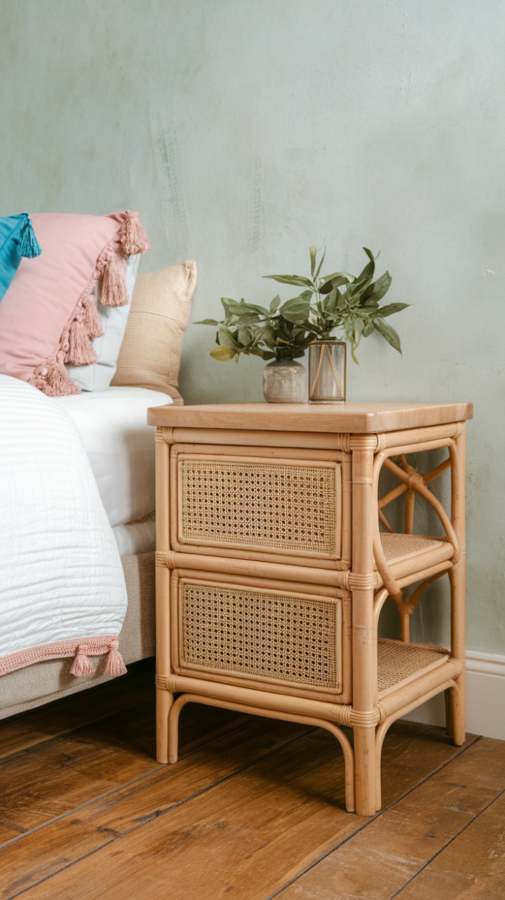 Charming Rattan Nightstand Creates a Cozy Sanctuary