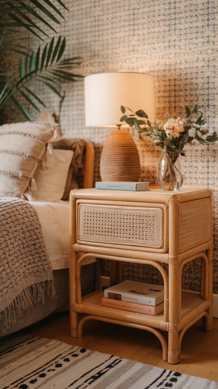 Charming Boho Bedroom Vignette with Rattan Nightstand