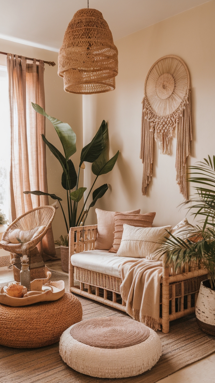 Cozy Boho Retreat with Rustic Lounge and Organic Decor