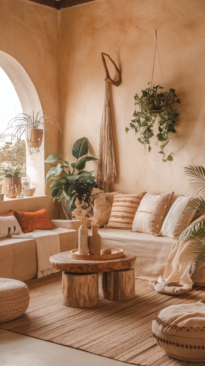 Earthy Bohemian Retreat: A Cozy, Plant-Filled Living Space
