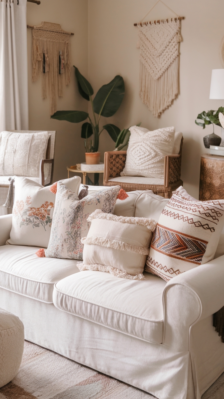 Bohemian Bliss: A Cozy Retreat of Patterned Pillows and Textured Elegance
