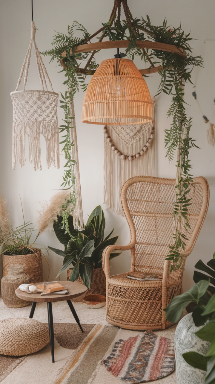 Bohemian Cozy Corner with Rattan Glow and Lush Accents