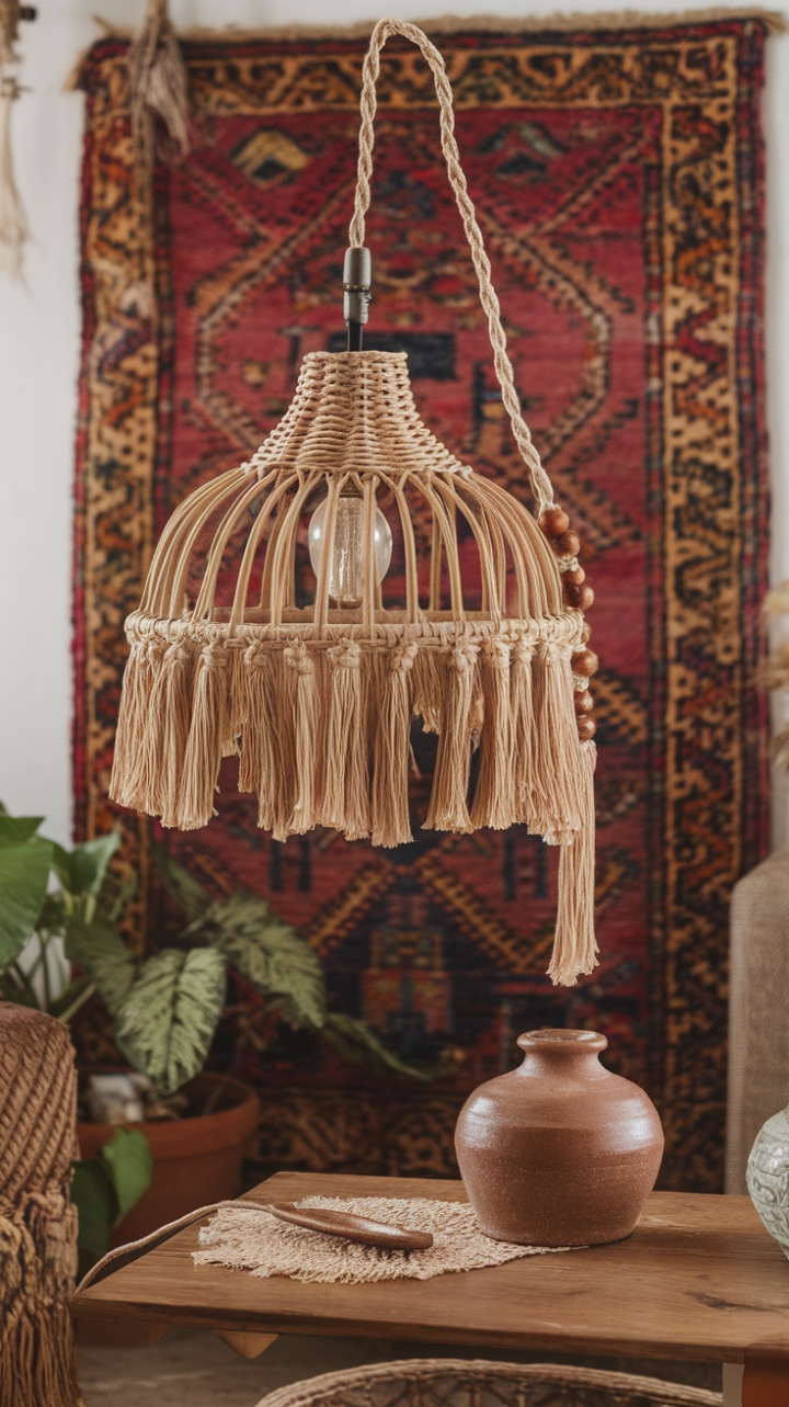 Boho Charm: Rattan Lamp with Woven Shade and Macrame Details