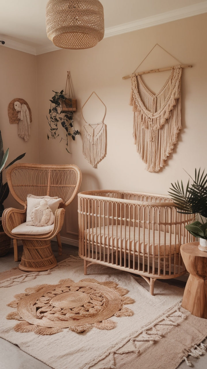 Bohemian Nursery Bliss: Rattan, Macrame, and Nature-Inspired Charm