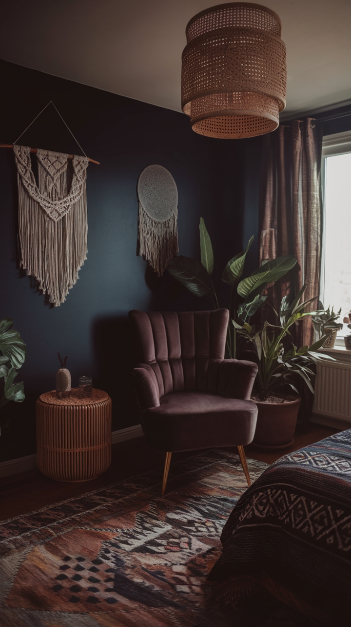 Dark and Dreamy Bohemian Bedroom with Rich Hues and Tactile Elegance