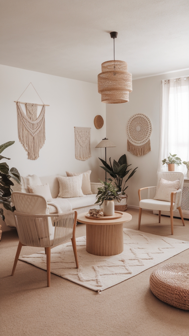 Effortlessly Chic: Blending Boho and Modern Minimalism for a Serene Living Room