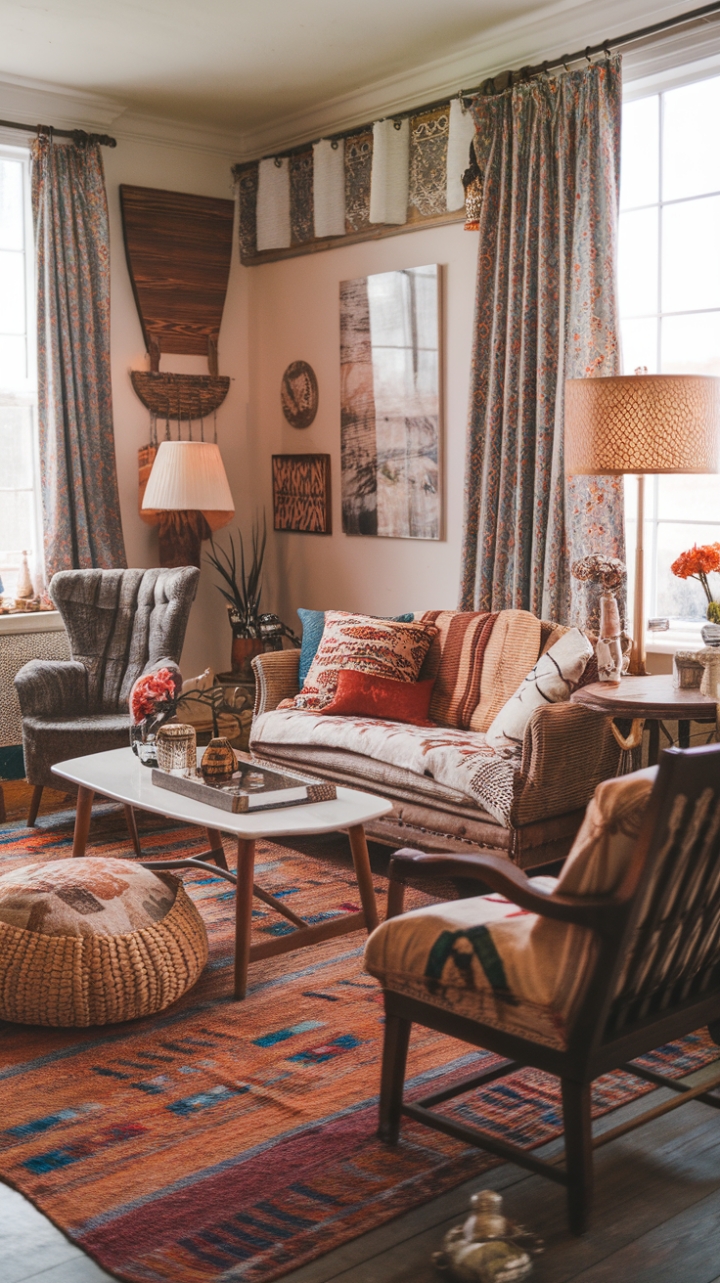A Vintage Bohemian Lounge: Where Pattern, Texture, and Chic Comfort Converge